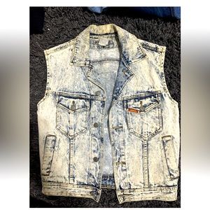 Vintage 1990’s Jordache Denim Jean Vest Stone Acid Washed AC/DC Patch Sz Medium